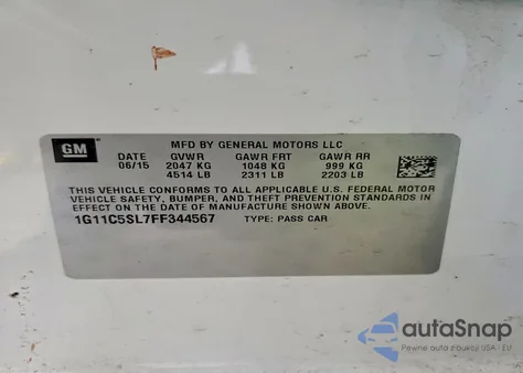 2015 Chevrolet Malibu 1Lt z USA, uszkodzony, nr VIN 1G11C5SL7FF344567